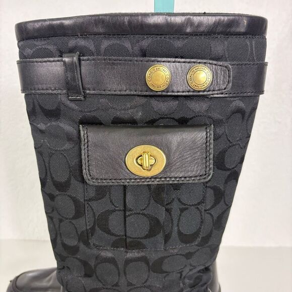 Coach Black Leather Monogram Kayla Signature Logo Tall Winter Boots Size 9.5 - Picture 2 of 14